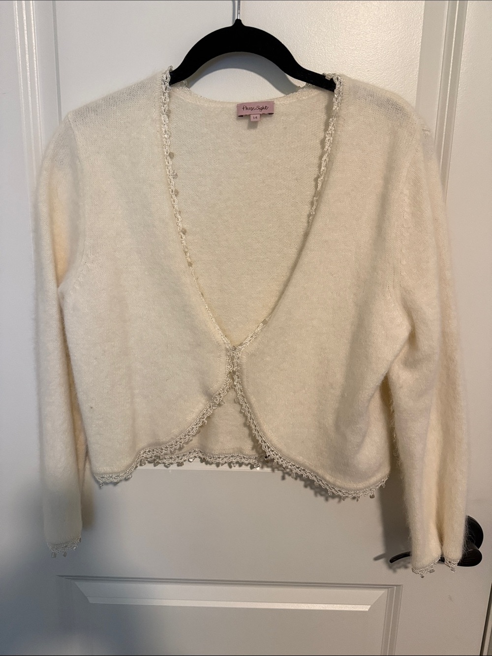 Cozy Cream Angora Cropped Lace and Bead-Trim Cardigan